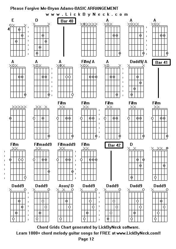 Chord Grids Chart of chord melody fingerstyle guitar song-Please Forgive Me-Bryan Adams-BASIC ARRANGEMENT,generated by LickByNeck software.